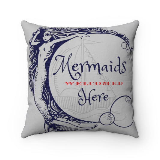 Mermaids Welcomed Here Square Grey Pillow 14 x 14 inches